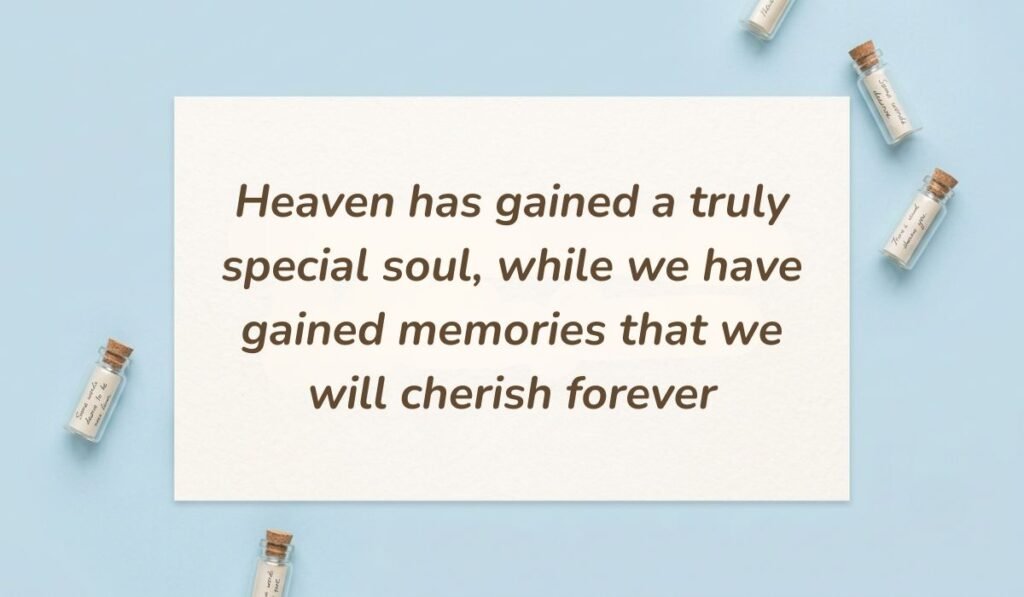 Light blue flat lay with mini glass message bottles displaying rest in peace messages for aunt reading "Heaven has gained a truly special soul, while we have gained memories that we will cherish forever"