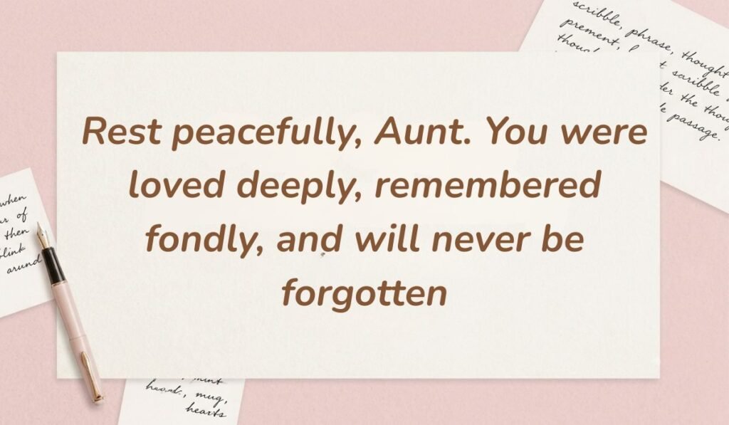 Soft pink stationery arrangement featuring a fountain pen showing rest in peace messages for aunt stating "Rest peacefully, Aunt. You were loved deeply, remembered fondly, and will never be forgotten"