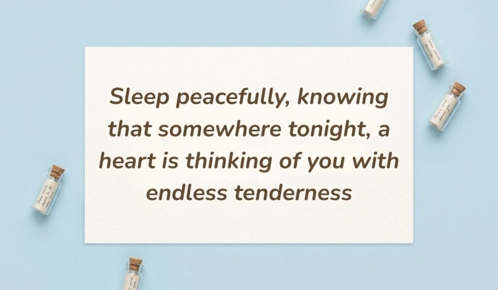 Soft blue background decorated with miniature message bottles presenting romantic good night messages reading "Sleep peacefully, knowing that somewhere tonight, a heart is thinking of you with endless tenderness"