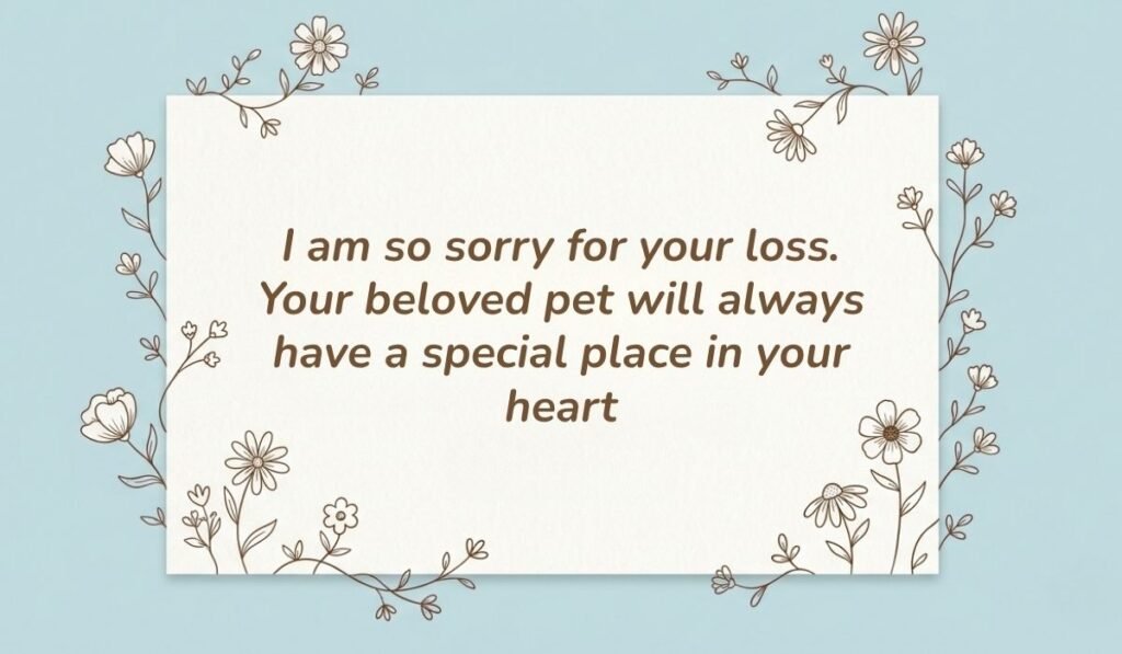 Light blue card with floral line-art borders displaying short messages for loss of pet reading, "I am so sorry for your loss. Your beloved pet will always have a special place in your heart"