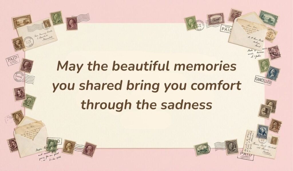 Soft pink card layout framed with vintage postage stamps displaying short messages for loss of pet reading, "May the beautiful memories you shared bring you comfort through the sadness"