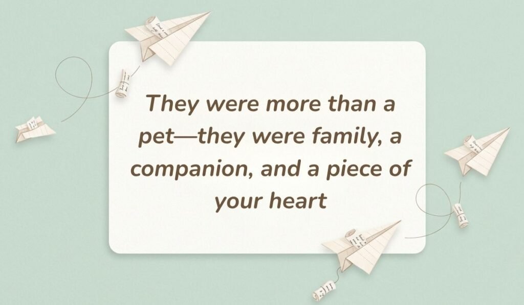 Mint green background with paper airplanes featuring short messages for loss of pet reading, "They were more than a pet—they were family, a companion, and a piece of your heart"