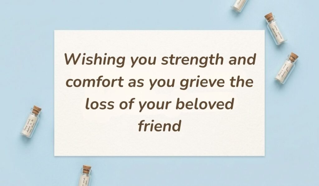 Light blue flat lay with mini glass message bottles showing short messages for loss of pet reading, "Wishing you strength and comfort as you grieve the loss of your beloved friend"
