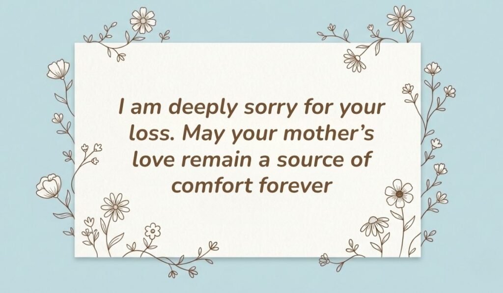 Light blue card with floral line-art borders displaying short sympathy messages for loss of mother reading, "I am deeply sorry for your loss. May your mother’s love remain a source of comfort forever"