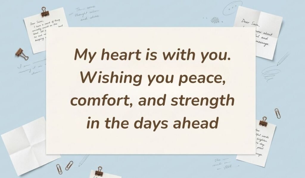 Light blue stationery background with memo notes and clips showing short sympathy messages for loss of mother reading, "My heart is with you. Wishing you peace, comfort, and strength in the days ahead"