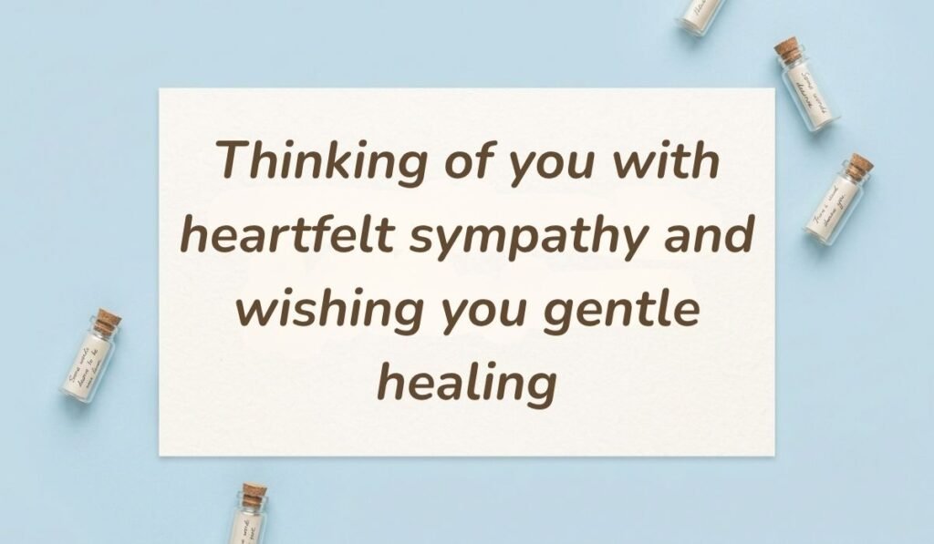 Light blue flat lay with mini glass message bottles showing short sympathy messages for loss of mother reading, "Thinking of you with heartfelt sympathy and wishing you gentle healing"