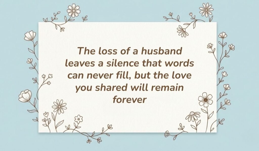 Light blue card with floral line-art borders displaying sympathy quotes for loss of husband reading, "The loss of a husband leaves a silence that words can never fill, but the love you shared will remain forever"
