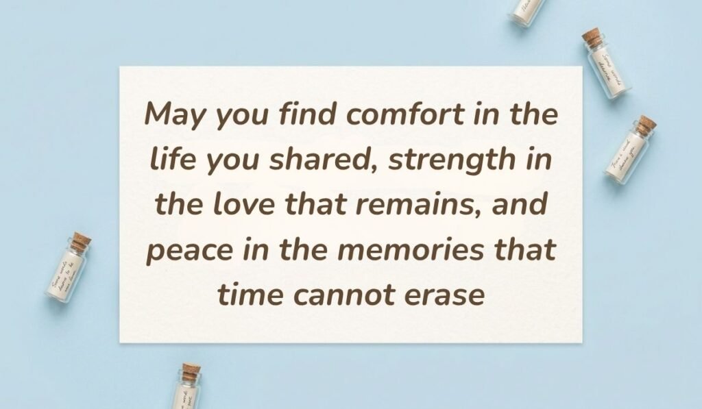 Light blue flat lay with mini glass message bottles showing sympathy quotes for loss of husband reading, "May you find comfort in the life you shared, strength in the love that remains, and peace in the memories that time cannot erase"