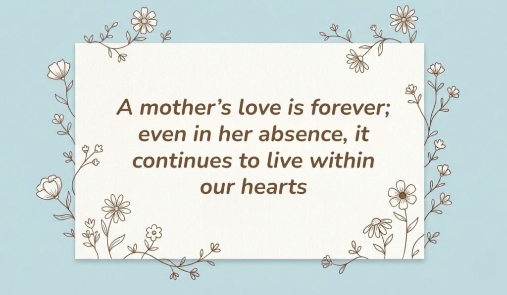 Light blue card with floral line-art borders displaying sympathy quotes for loss of mother reading, "A mother’s love is forever; even in her absence, it continues to live within our hearts"