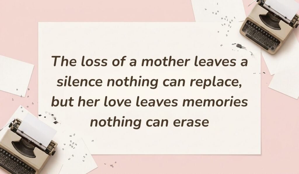 Soft pink desktop layout with vintage typewriters featuring sympathy quotes for loss of mother reading, "The loss of a mother leaves a silence nothing can replace, but her love leaves memories nothing can erase"