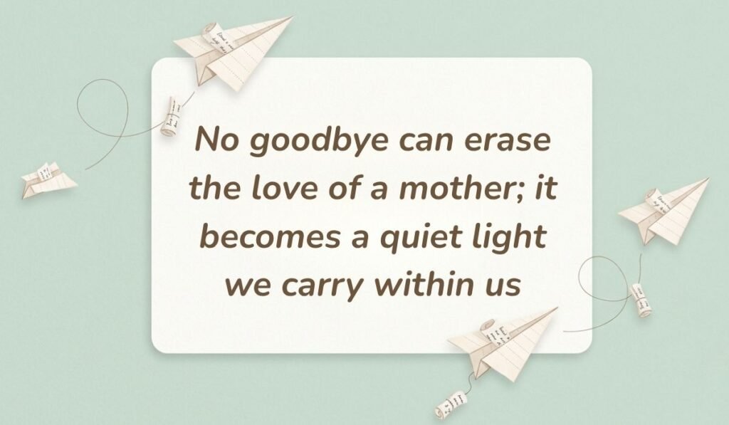 Mint green background with paper airplanes featuring sympathy quotes for loss of mother reading, "No goodbye can erase the love of a mother; it becomes a quiet light we carry within us"