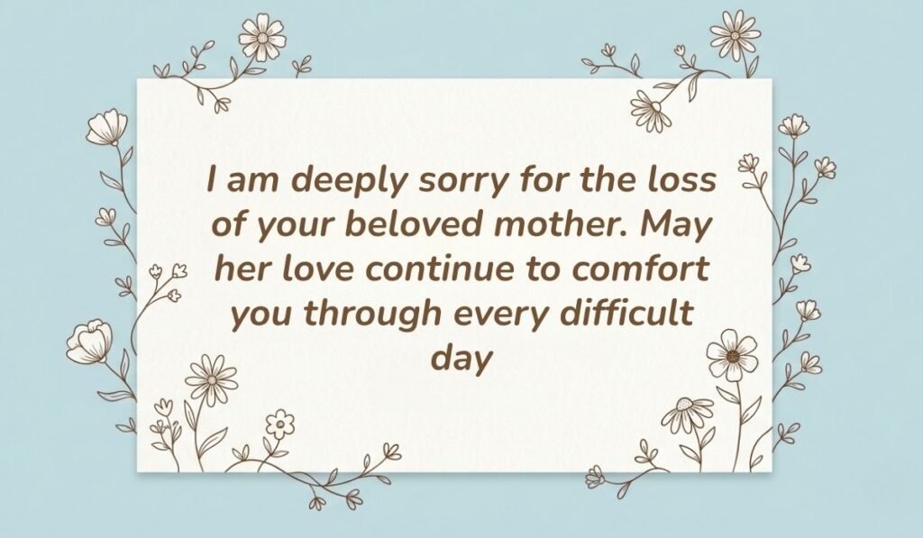 Light blue card with floral line-art borders displaying sympathy wishes for loss of mother reading, "I am deeply sorry for the loss of your beloved mother. May her love continue to comfort you through every difficult day"