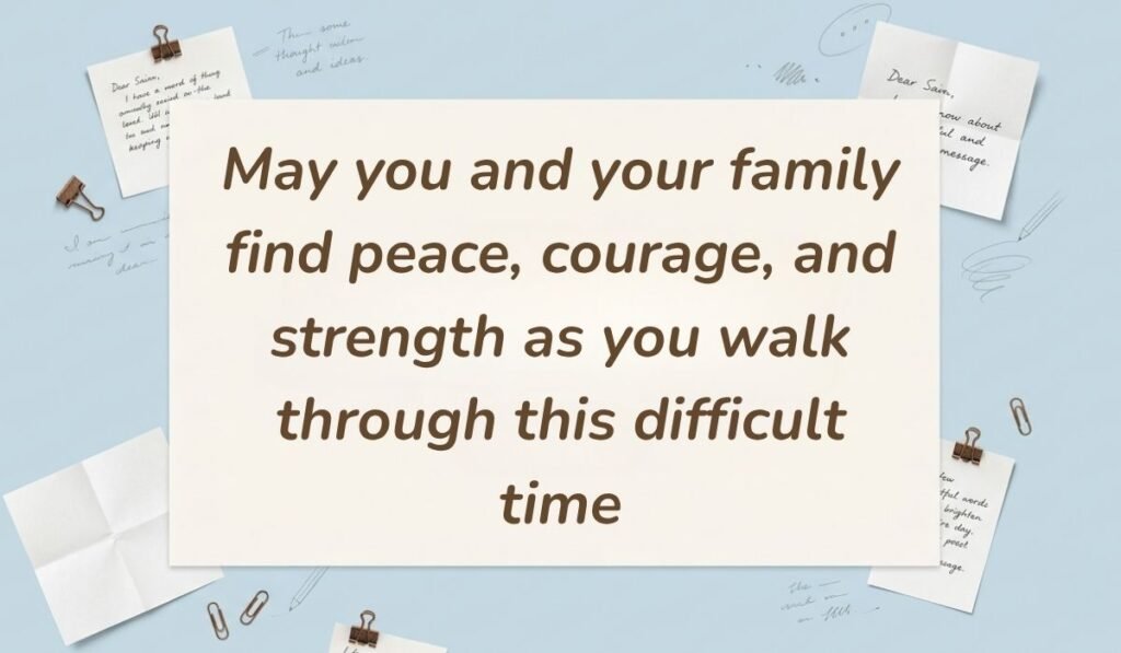 Light blue stationery background with memo notes and clips showing sympathy wishes for loss of mother reading, "May you and your family find peace, courage, and strength as you walk through this difficult time"