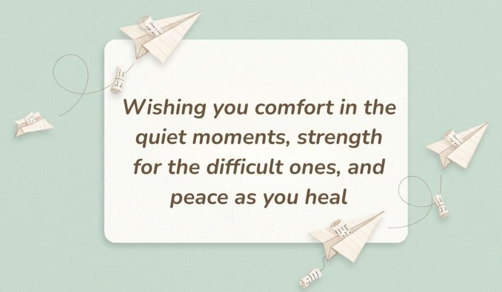 Mint green background with paper airplanes featuring sympathy wishes for loss of mother reading, "Wishing you comfort in the quiet moments, strength for the difficult ones, and peace as you heal"