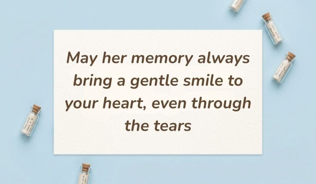 Light blue flat lay with mini glass message bottles showing sympathy wishes for loss of mother reading, "May her memory always bring a gentle smile to your heart, even through the tears"