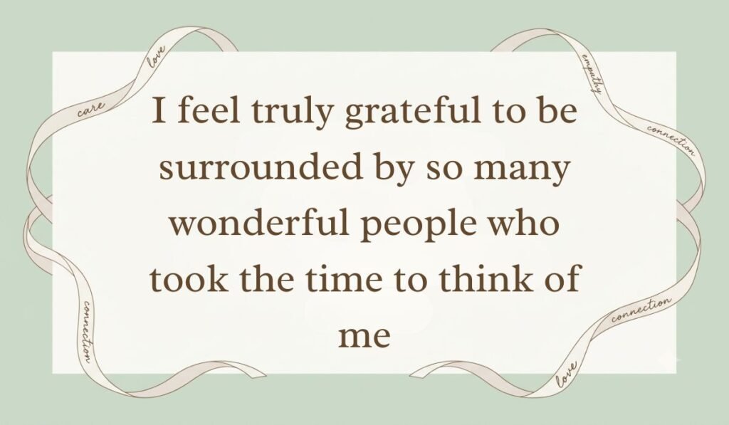 Sage green card layout bordered by decorative ribbons presenting a thank you message for all the birthday wishes reading, "May this new decade bring you deeper happiness, peaceful moments, exciting adventures, and everything your heart desires"