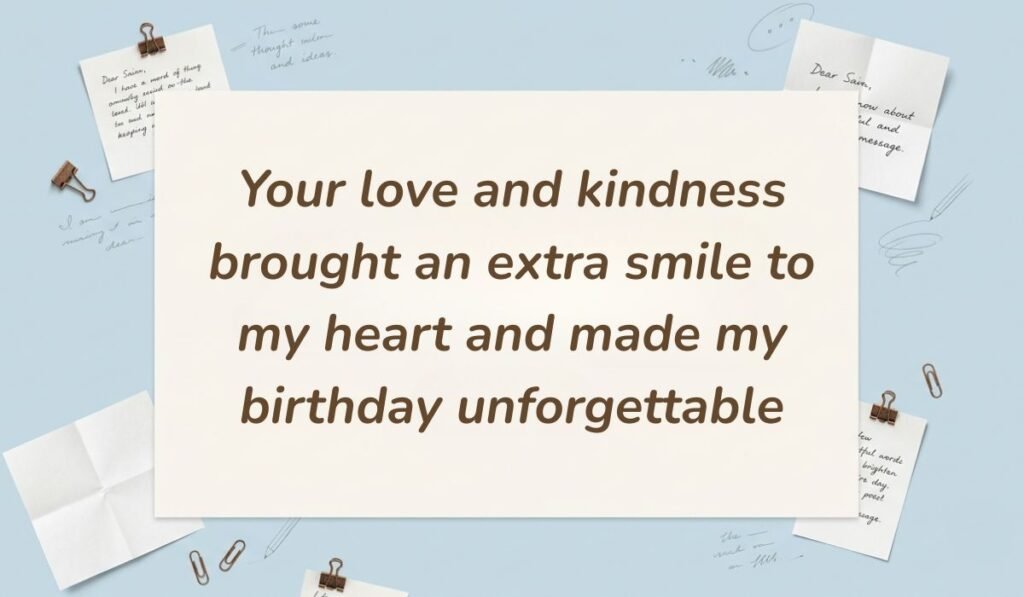 Light blue stationery background with memo notes and clips showing a thank you message for all the birthday wishes reading, "Take a moment to celebrate how far you have come and all the beautiful things still waiting for you"
