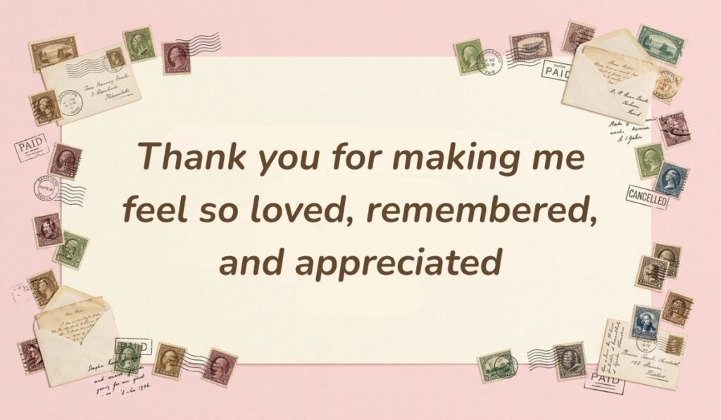 Soft pink card layout framed with vintage postage stamps displaying a thank you message for all the birthday wishes reading, "May every year ahead bring you greater wisdom, stronger relationships, good health, and countless reasons to smile"