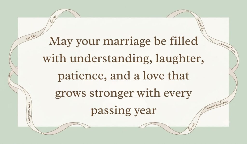 Sage green card styled with delicate ribbon borders showing wedding wishes for sister reading "May your marriage be filled with understanding, laughter, patience, and a love that grows stronger with every passing year"