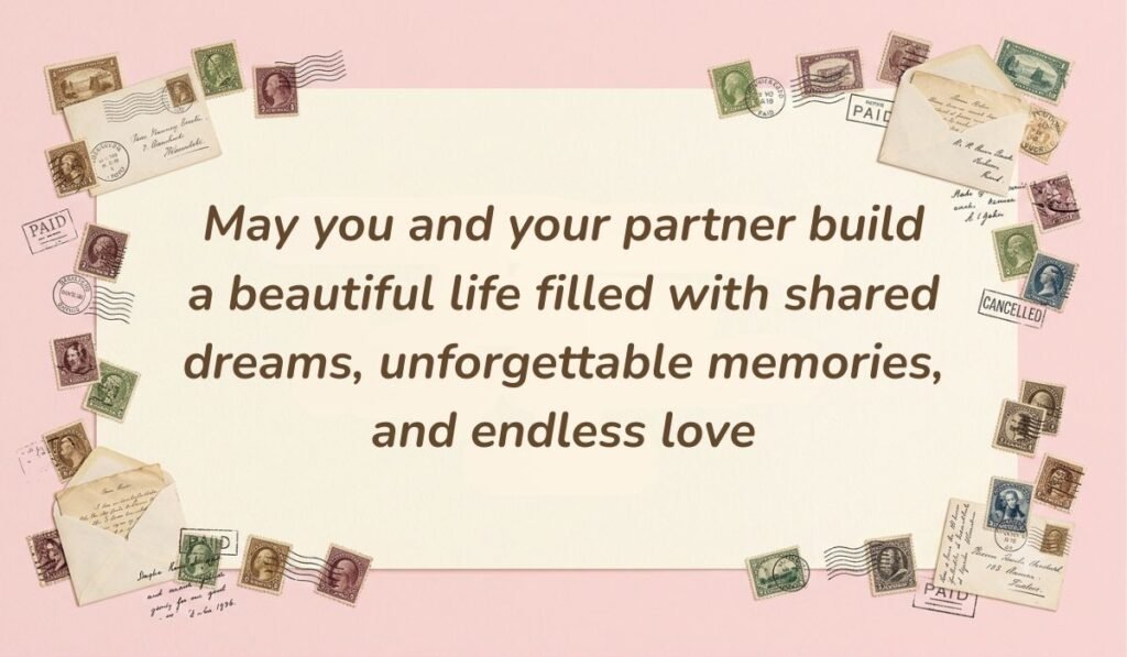 Pastel pink postcard design framed with vintage stamps offering wedding wishes for sister reading "May you and your partner build a beautiful life filled with shared dreams, unforgettable memories, and endless love"