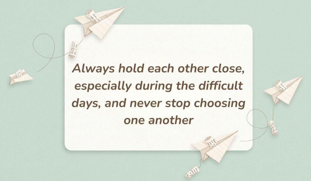 Soft green card decorated with paper airplanes containing wedding wishes for sister stating "Always hold each other close, especially during the difficult days, and never stop choosing one another"