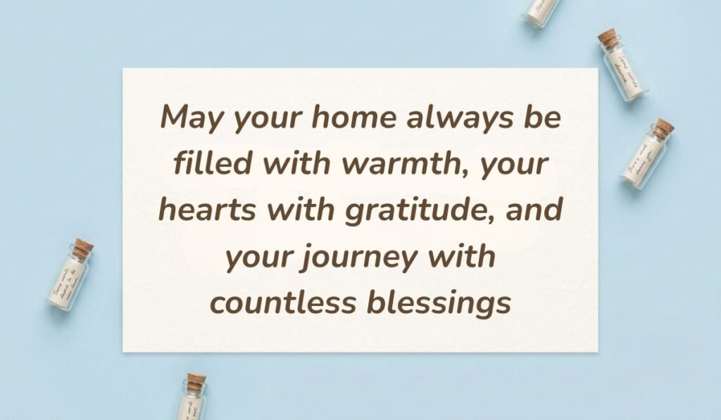 Blue flat lay background with glass message bottles displaying wedding wishes for sister reading "May your home always be filled with warmth, your hearts with gratitude, and your journey with countless blessings"