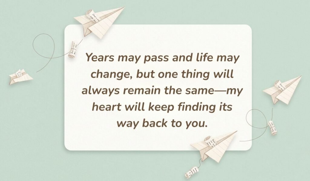 Mint green background with paper airplanes featuring anniversary quotes and sayings for husband reading, "Years may pass and life may change, but one thing will always remain the same—my heart will keep finding its way back to you."