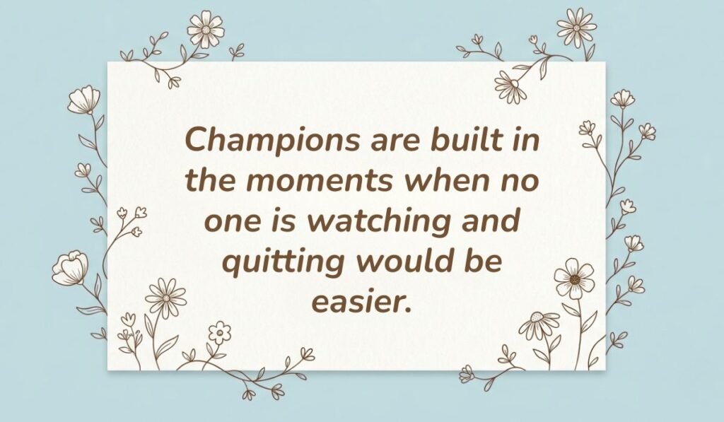 Light blue card with floral line-art borders displaying best motivational quotes for athletes reading, "Champions are built in the moments when no one is watching and quitting would be easier."