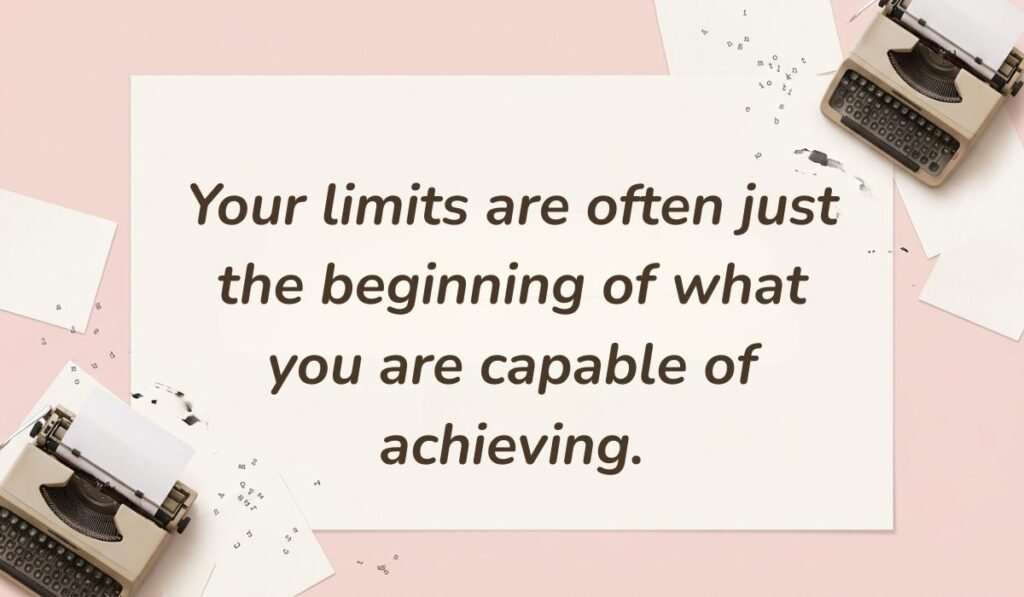 Soft pink background with vintage typewriters featuring best motivational quotes for athletes reading, "Your limits are often just the beginning of what you are capable of achieving."