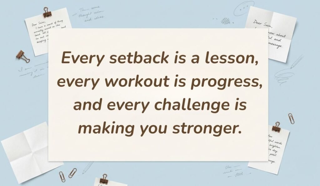 Light blue stationery flat lay with memo notes showing best motivational quotes for athletes reading, "Every setback is a lesson, every workout is progress, and every challenge is making you stronger."