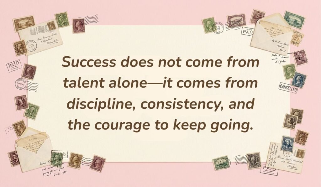 Soft pink card layout framed with vintage postage stamps displaying best motivational quotes for athletes reading, "Success does not come from talent alone—it comes from discipline, consistency, and the courage to keep going."