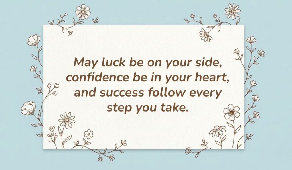 Soft blue background with delicate line-art floral doodles featuring one of the best quotes for good luck reading, "May luck be on your side, confidence be in your heart, and success follow every step you take."