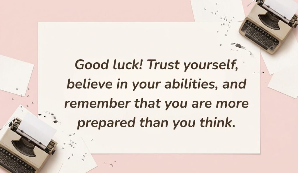 Pastel pink background with vintage typewriter elements displaying one of the best quotes for good luck reading, "Good luck! Trust yourself, believe in your abilities, and remember that you are more prepared than you think."