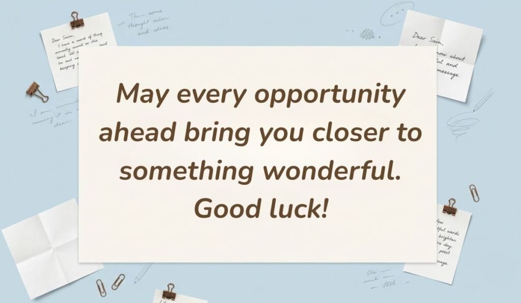Powder blue desktop with handwritten notes and paper clips showcasing one of the best quotes for good luck reading, "May every opportunity ahead bring you closer to something wonderful. Good luck!"