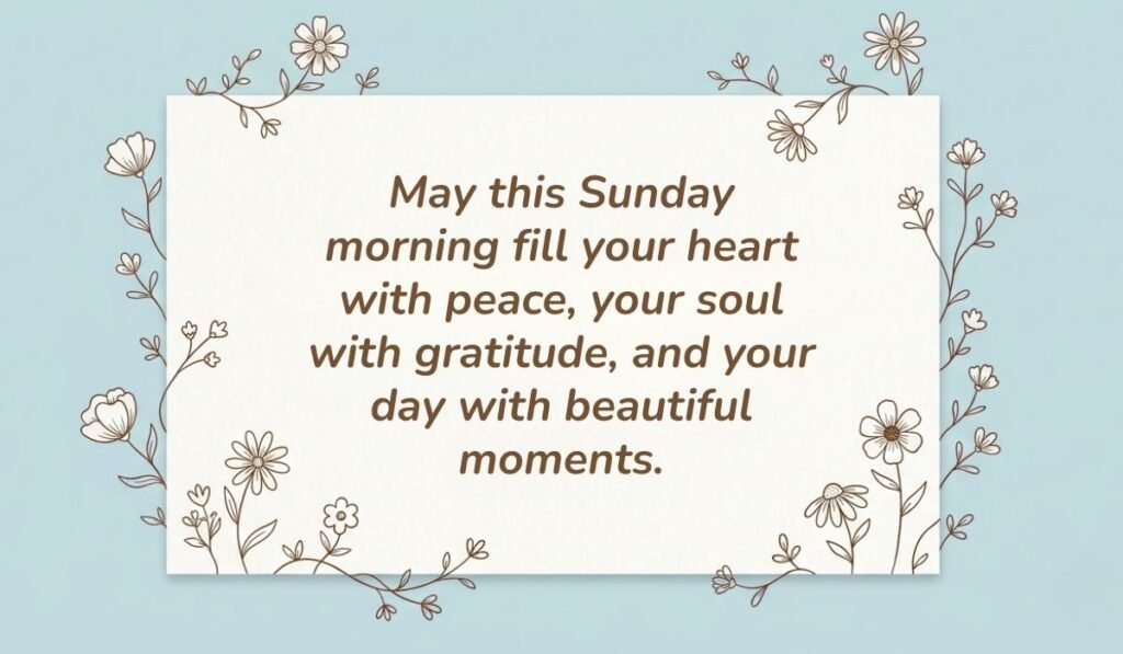 Light blue card with floral line-art borders displaying best quotes for sunday morning reading, "May this Sunday morning fill your heart with peace, your soul with gratitude, and your day with beautiful moments."