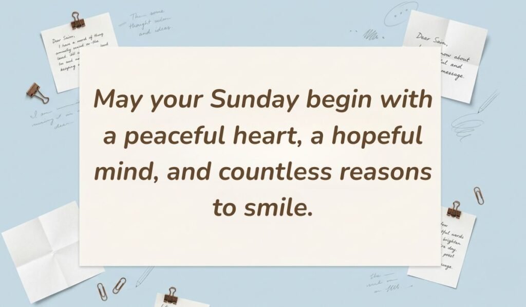 Light blue stationery flat lay with memo notes showing best quotes for sunday morning reading, "May your Sunday begin with a peaceful heart, a hopeful mind, and countless reasons to smile."
