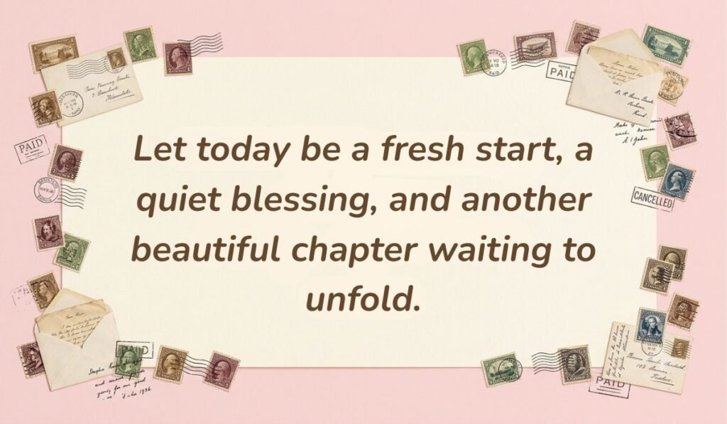 Soft pink card layout framed with vintage postage stamps displaying best quotes for sunday morning reading, "Let today be a fresh start, a quiet blessing, and another beautiful chapter waiting to unfold."