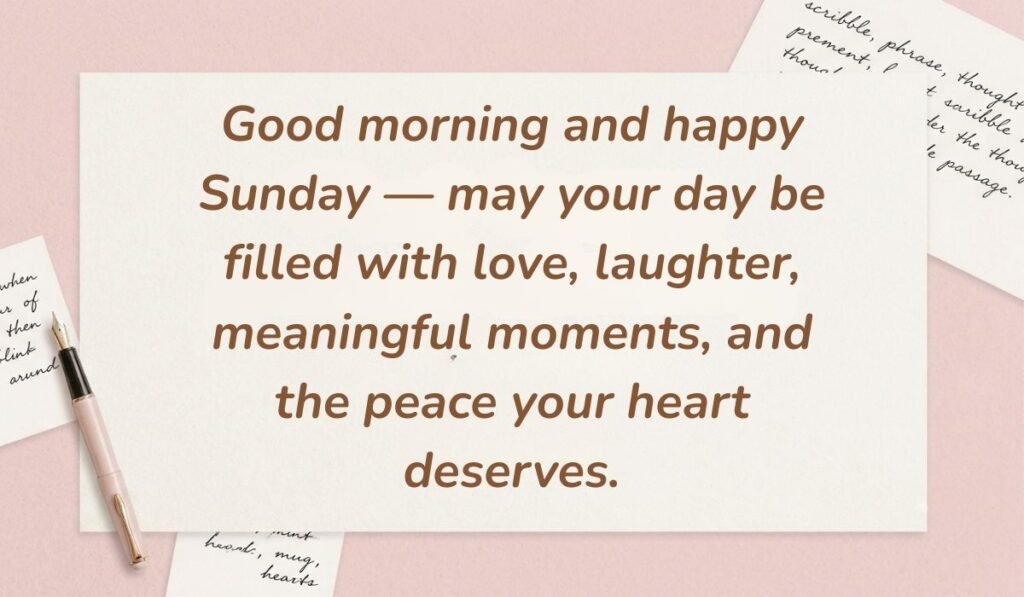 Soft pink desk background with a fountain pen and handwritten notes displaying best quotes for sunday morning reading, "Good morning and happy Sunday — may your day be filled with love, laughter, meaningful moments, and the peace your heart deserves."