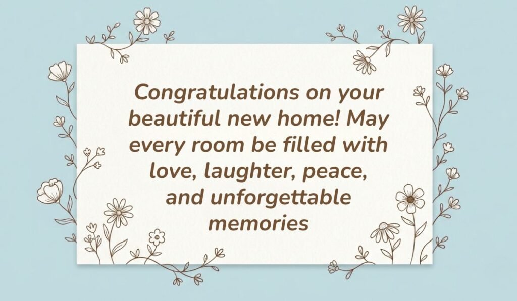 Soft blue background framed with botanical floral line art presenting a congratulations message for a new home reading, "Congratulations on your beautiful new home! May every room be filled with love, laughter, peace, and unforgettable memories"
