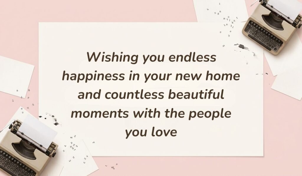 Soft pink surface with vintage typewriters featuring a congratulations message for a new home stating, "Wishing you endless happiness in your new home and countless beautiful moments with the people you love"