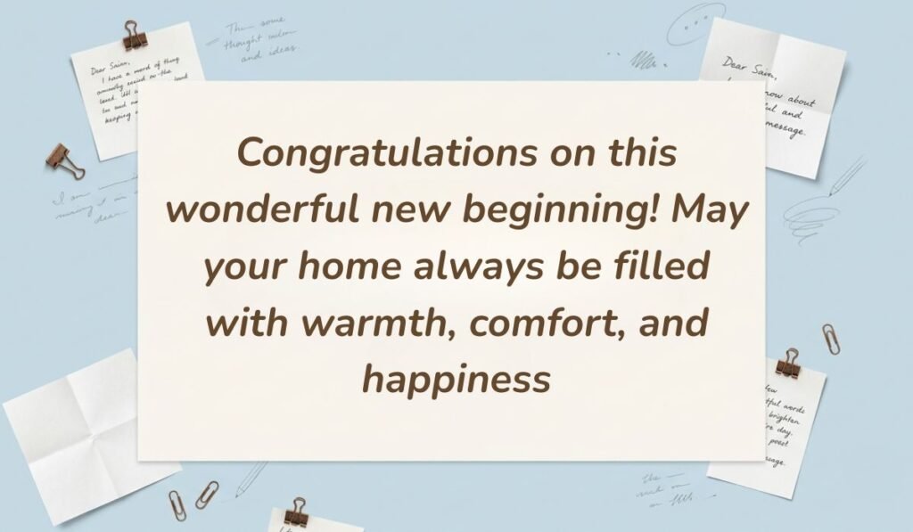Light blue workspace scene with paperclips and handwritten notes presenting a congratulations message for a new home stating, "Congratulations on this wonderful new beginning! May your home always be filled with warmth, comfort, and happiness"