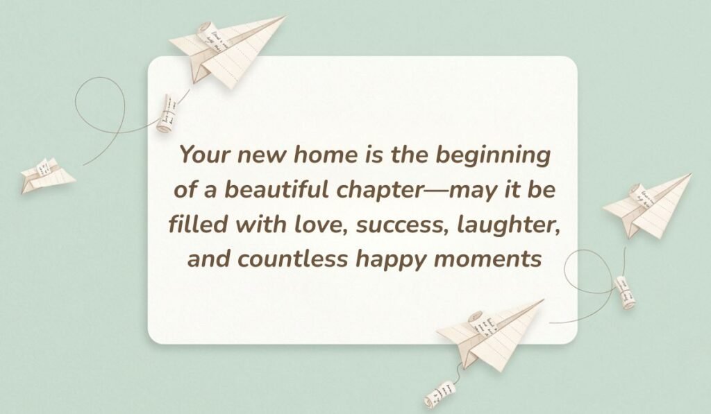 Soft mint green background decorated with paper airplanes and message scrolls displaying a congratulations message for a new home stating, "Your new home is the beginning of a beautiful chapter—may it be filled with love, success, laughter, and countless happy moments"