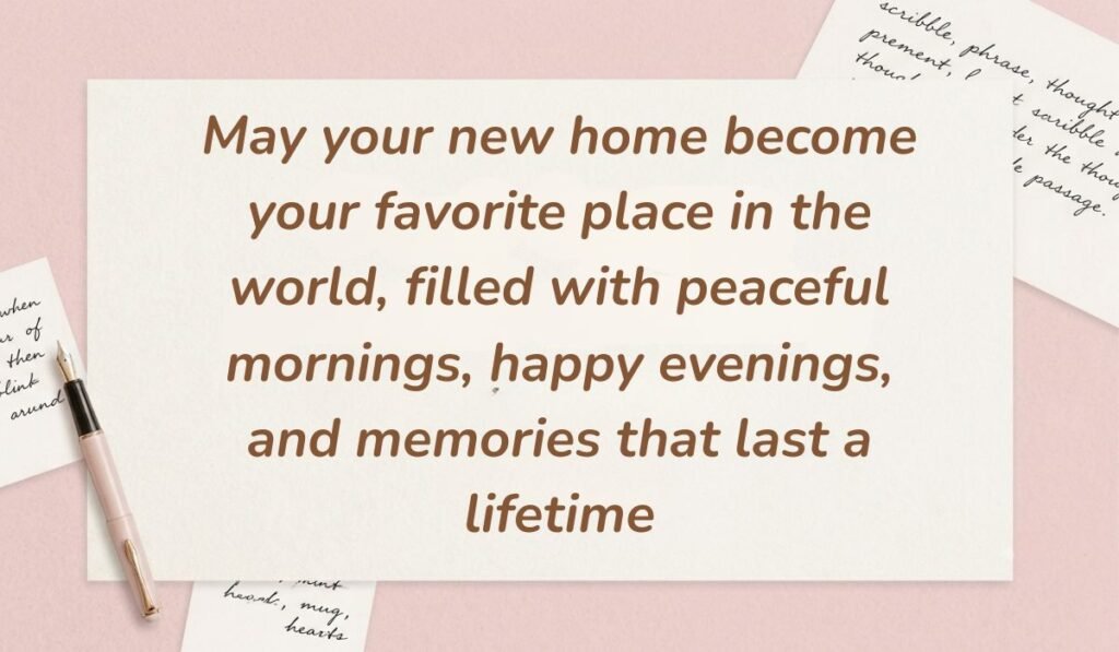 Soft pink desk layout with a fountain pen and handwritten stationery cards presenting a congratulations message for a new home stating, "May your new home become your favorite place in the world, filled with peaceful mornings, happy evenings, and memories that last a lifetime"