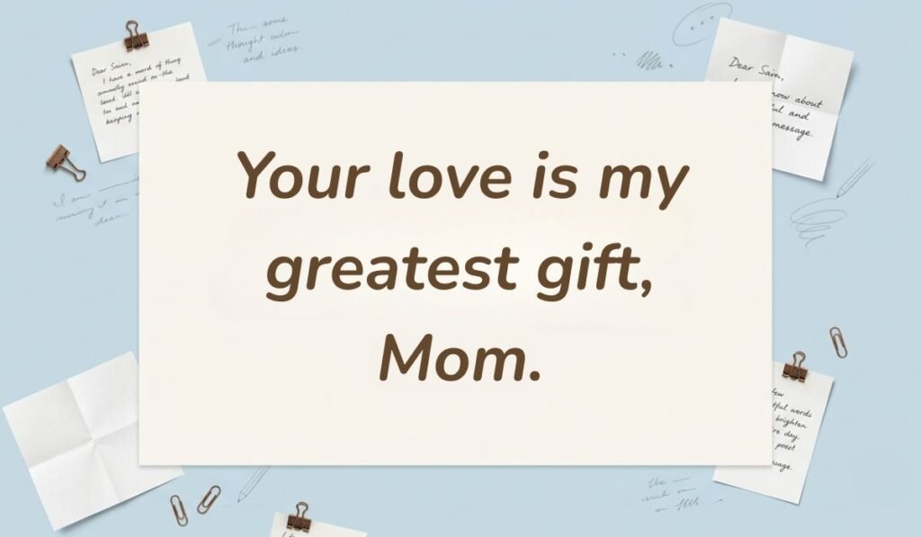 Light blue stationery flat lay with memo notes showing daughter quotes for mothers day reading, "Your love is my greatest gift, Mom."