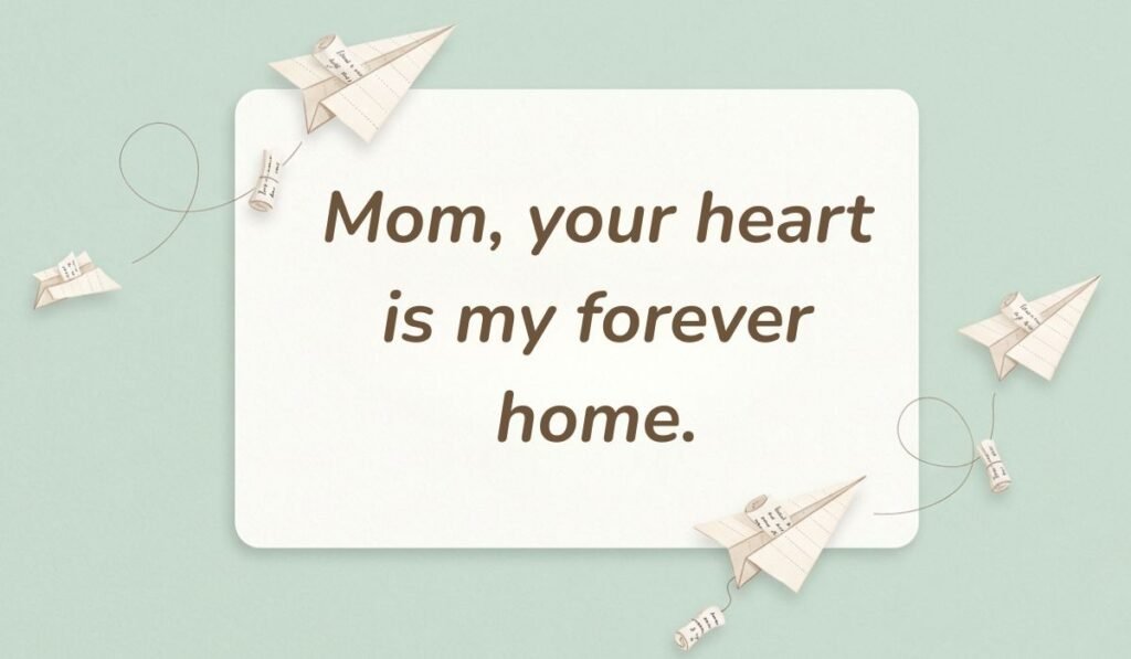 Mint green background with paper airplanes featuring daughter quotes for mothers day reading, "Mom, your heart is my forever home."