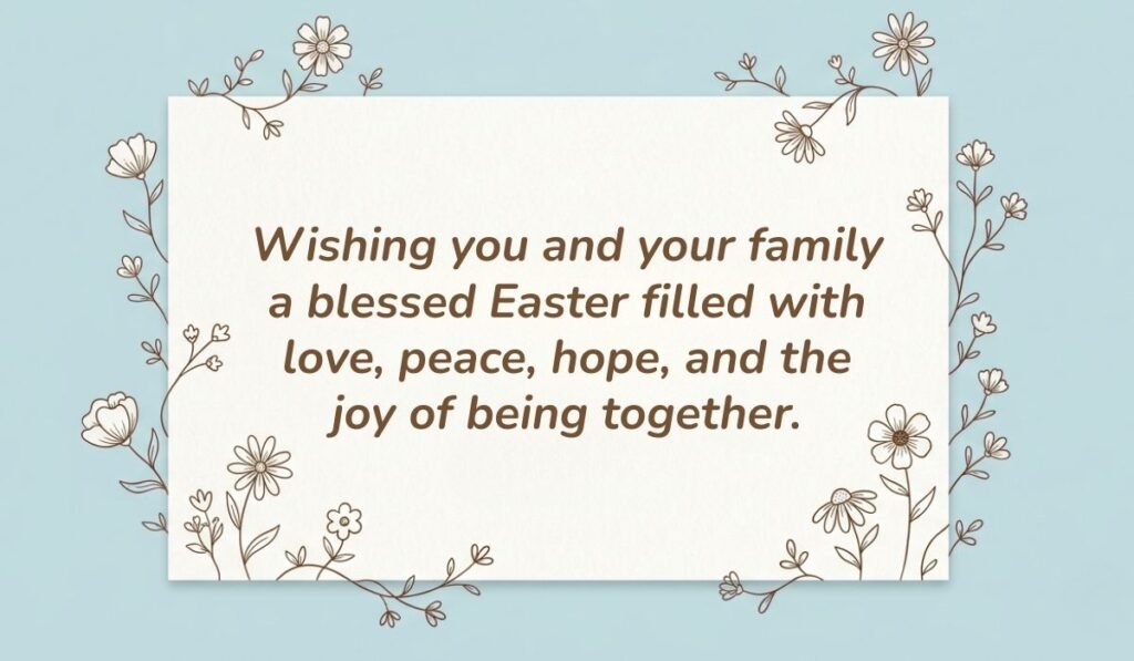Soft blue background with delicate line-art floral doodles featuring easter wishes for family and friends reading, "Wishing you and your family a blessed Easter filled with love, peace, hope, and the joy of being together."