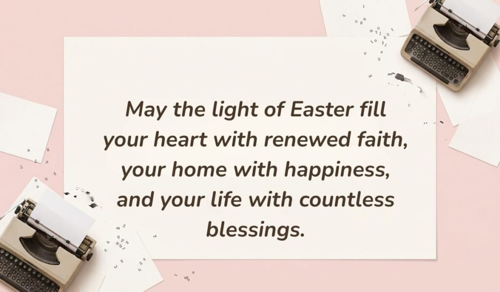 Pastel pink background with vintage typewriter elements displaying easter wishes for family and friends reading, "May the light of Easter fill your heart with renewed faith, your home with happiness, and your life with countless blessings."