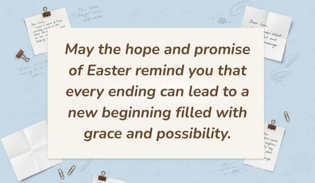Powder blue desktop with handwritten note cards and paper clips featuring easter wishes for family and friends reading, "May the hope and promise of Easter remind you that every ending can lead to a new beginning filled with grace and possibility."
