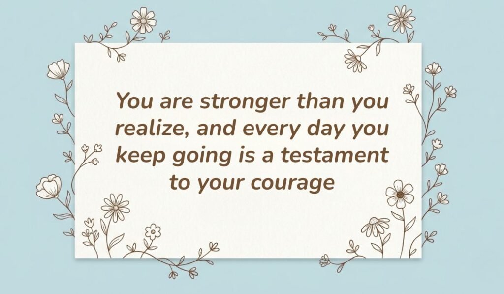 Light blue aesthetic card framed by line-art botanical floral illustrations featuring encouraging quotes for breast cancer patients reading, "You are stronger than you realize, and every day you keep going is a testament to your courage."