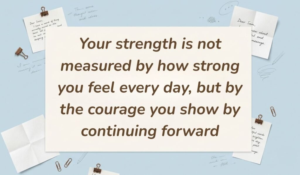 Sky blue background with paperclips, binder clips, and handwritten notes showcasing encouraging quotes for breast cancer patients reading, "Your strength is not measured by how strong you feel every day, but by the courage you show by continuing forward."